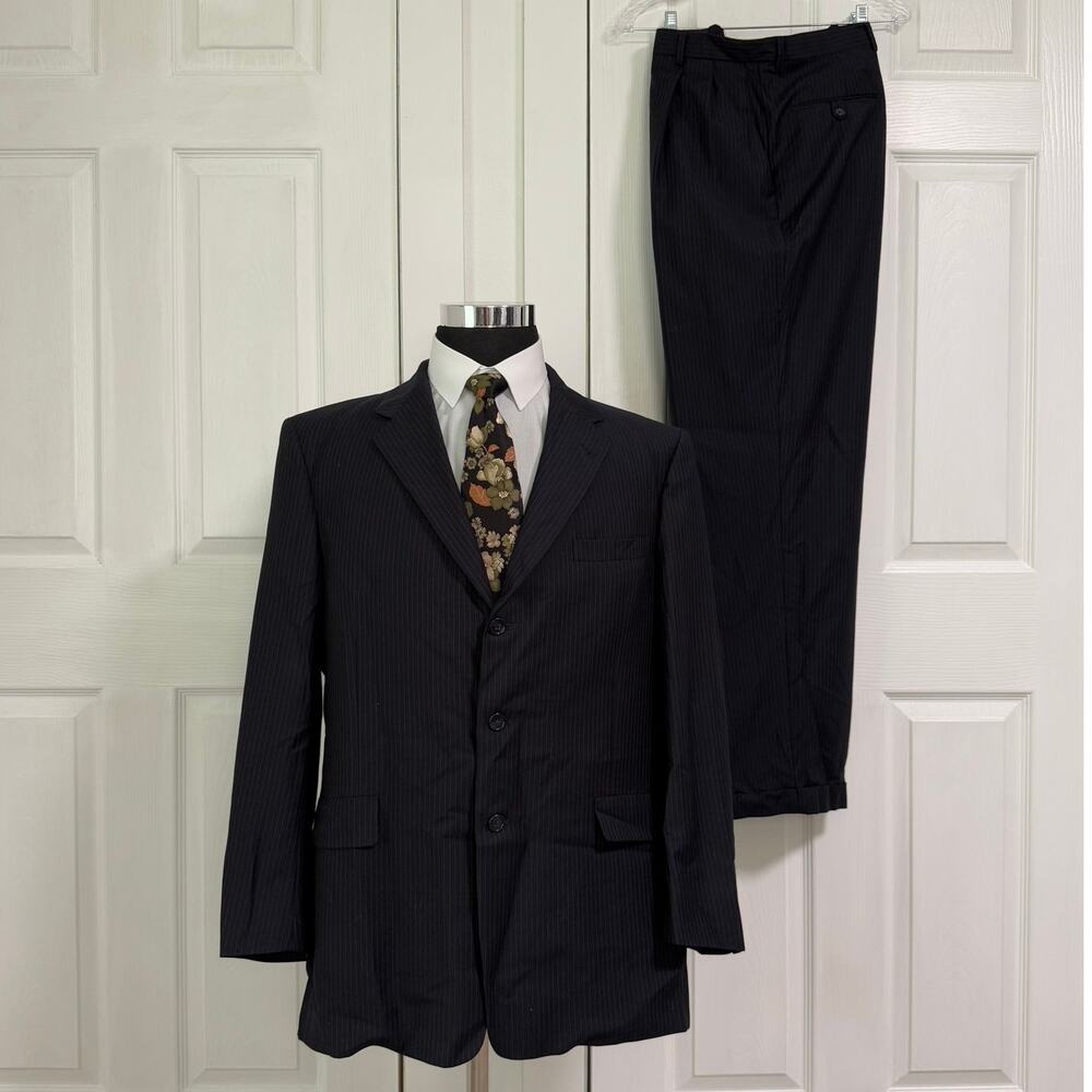 Hart Schaffner&Marx Men's Wool Pinstriped 2Piece Suit Set Size 44R PantsWaist 38